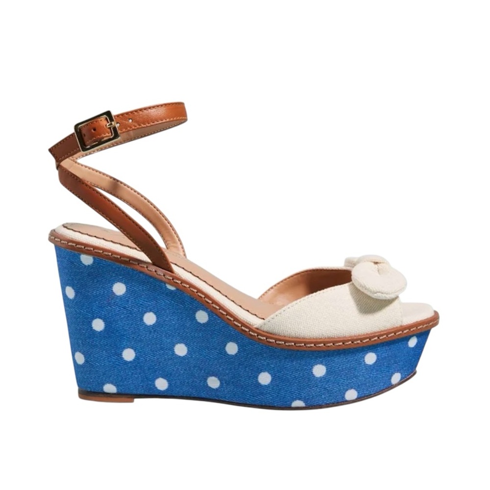 Anthropologie NEW Ani Platform Wedge Heel Sandals Blue Polka Dot Cream Upper